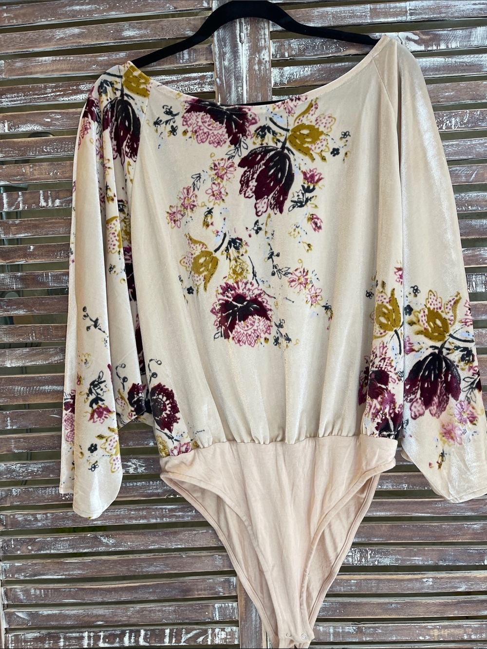 Free People Cream Floral Dolman Bodysuit with Maroon & Mustard Accents
